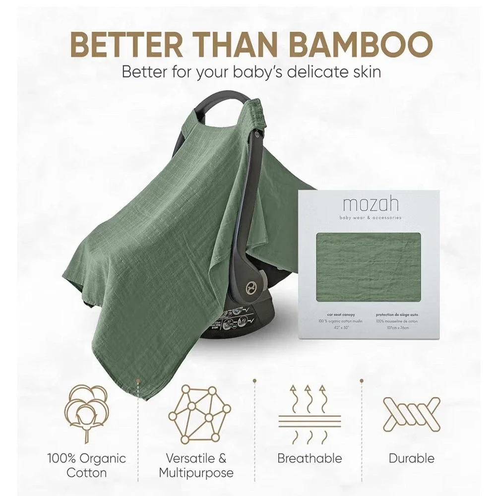 Mozah 100% Organic Muslin Baby Car Seat Cover Carseat Canopy Car Seat Green NEW